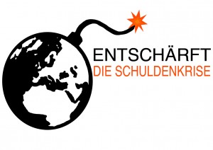 Logo Entschärft die Schuldenkrise Weltkugel mit Zündschnur